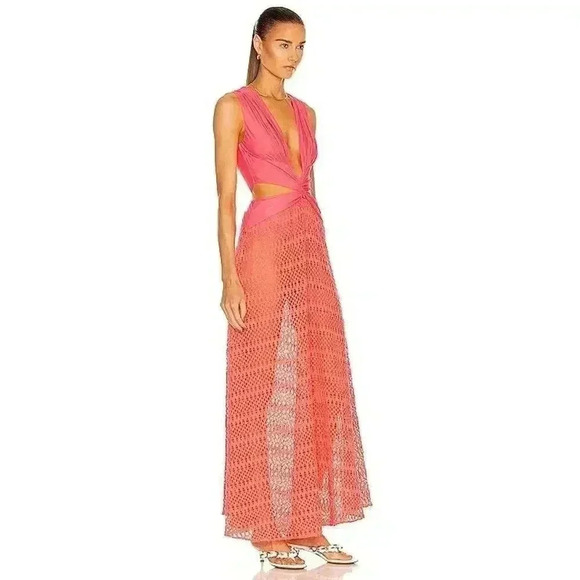 Patbo Crochet Cut Out Maxi Dress Medium 6 8 Beach Coral Plunge Beach Monstera - Picture 2 of 7